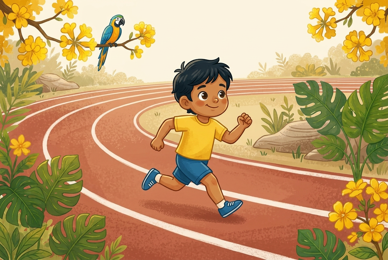 Ilustração educativa de uma pessoa jovem correndo em uma pista de atletismo com raias, em estilo aquarela de livro infantil.
