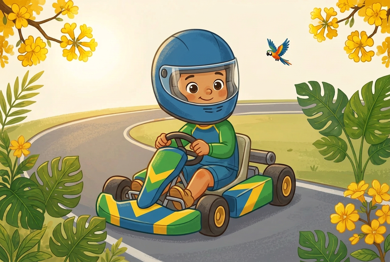 Ilustração educativa de uma pessoa ao lado de um carro de corrida genérico, segurando um capacete, em estilo aquarela de livro infantil.