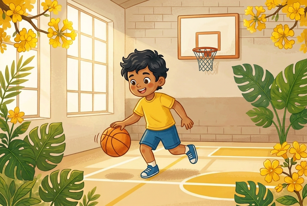 Ilustração educativa de uma pessoa jovem driblando uma bola de basquete em uma quadra acolhedora, em estilo aquarela de livro infantil.