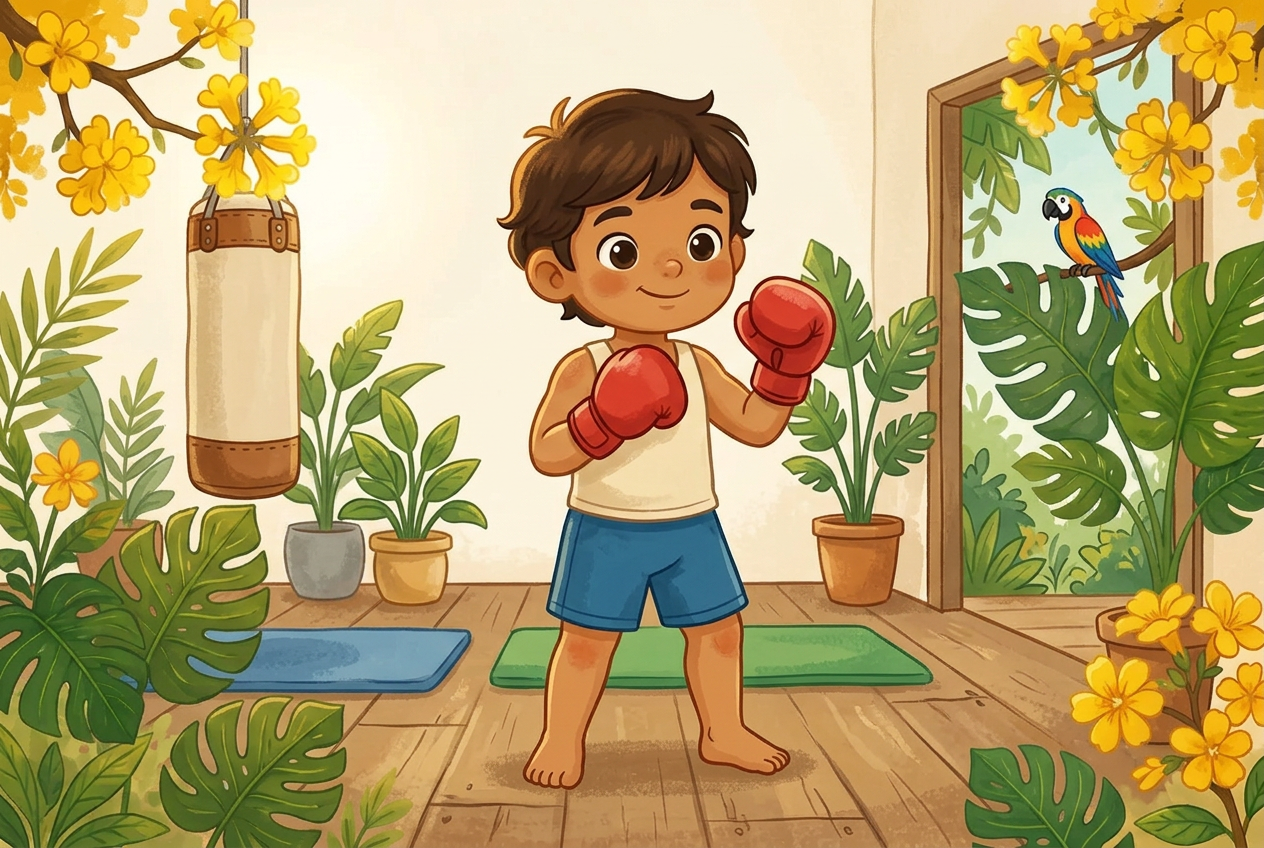 Ilustração educativa de uma pessoa jovem com luvas de boxe vermelhas em uma academia acolhedora, em pose de treino leve, em estilo aquarela de livro infantil.