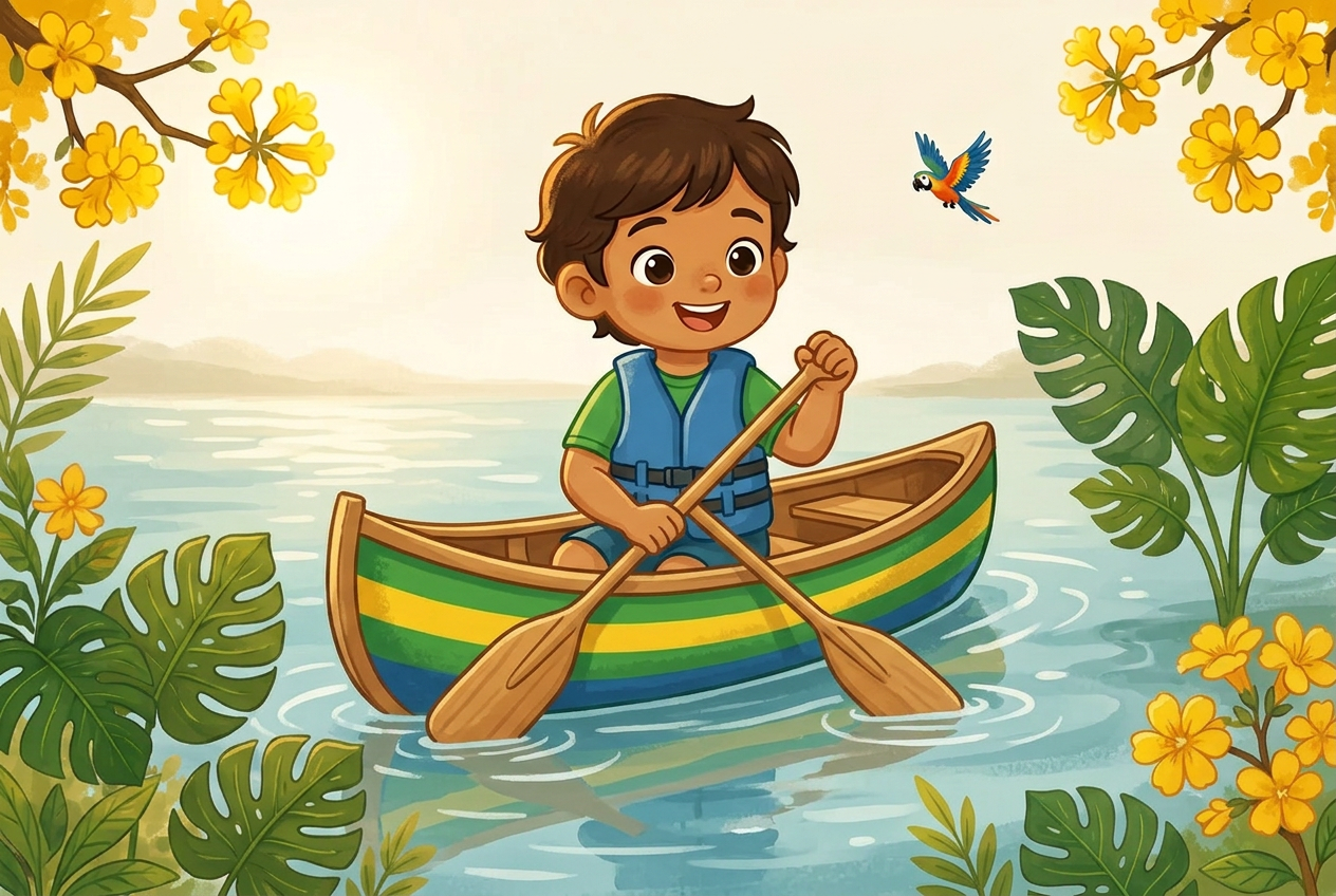 Ilustração educativa de uma pessoa em uma canoa em um rio calmo, remando com um remo, com colete salva-vidas, em estilo aquarela de livro infantil.