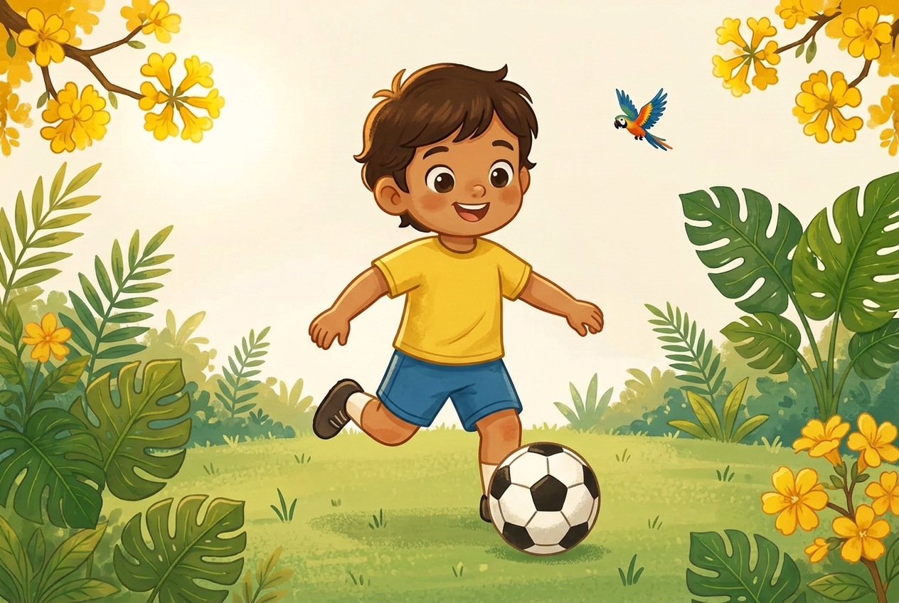Ilustração educativa de uma pessoa jovem chutando uma bola de futebol em um campo verde, em estilo aquarela de livro infantil.