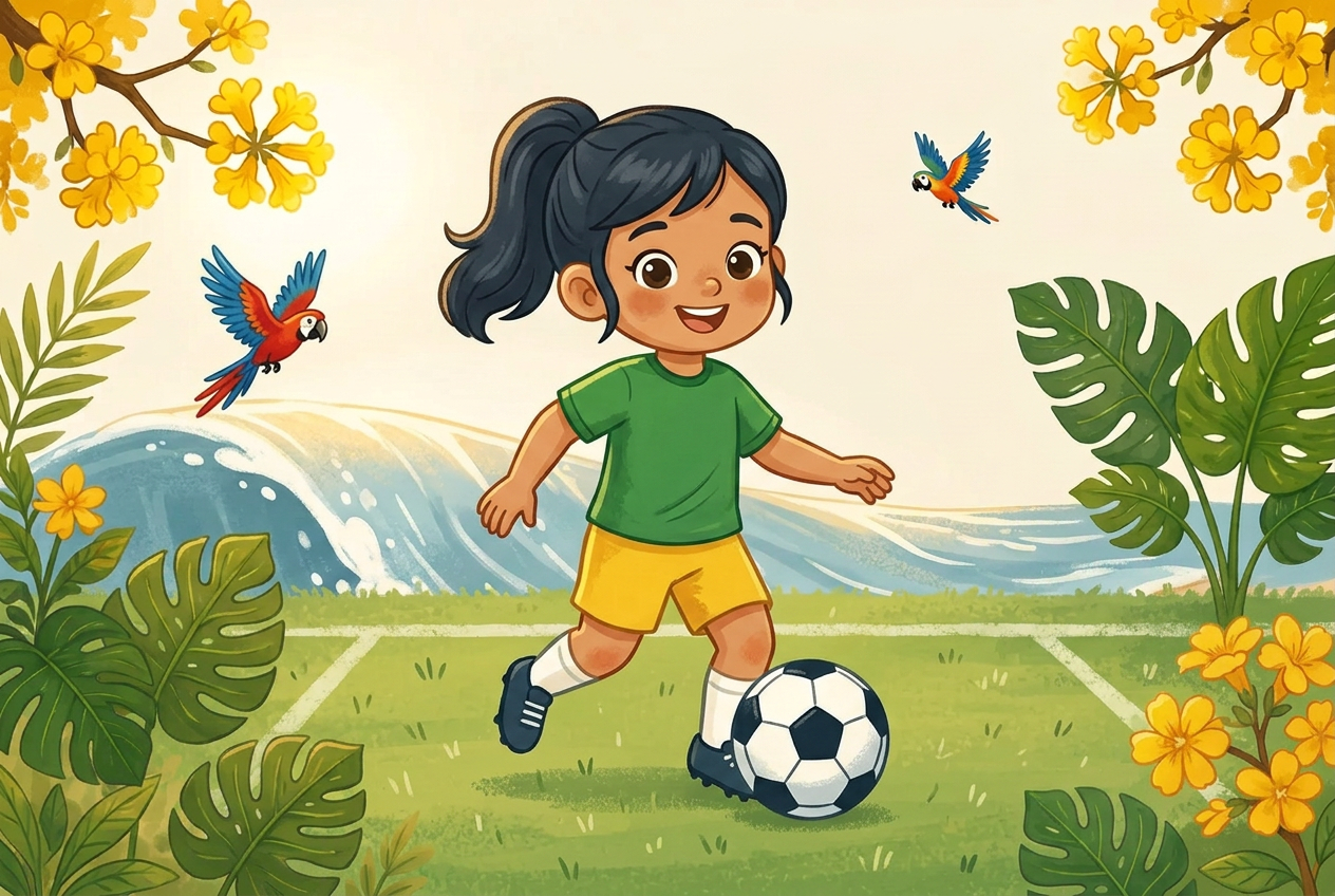 Ilustração educativa de uma menina correndo com uma bola de futebol em um campo verde, em estilo aquarela de livro infantil.