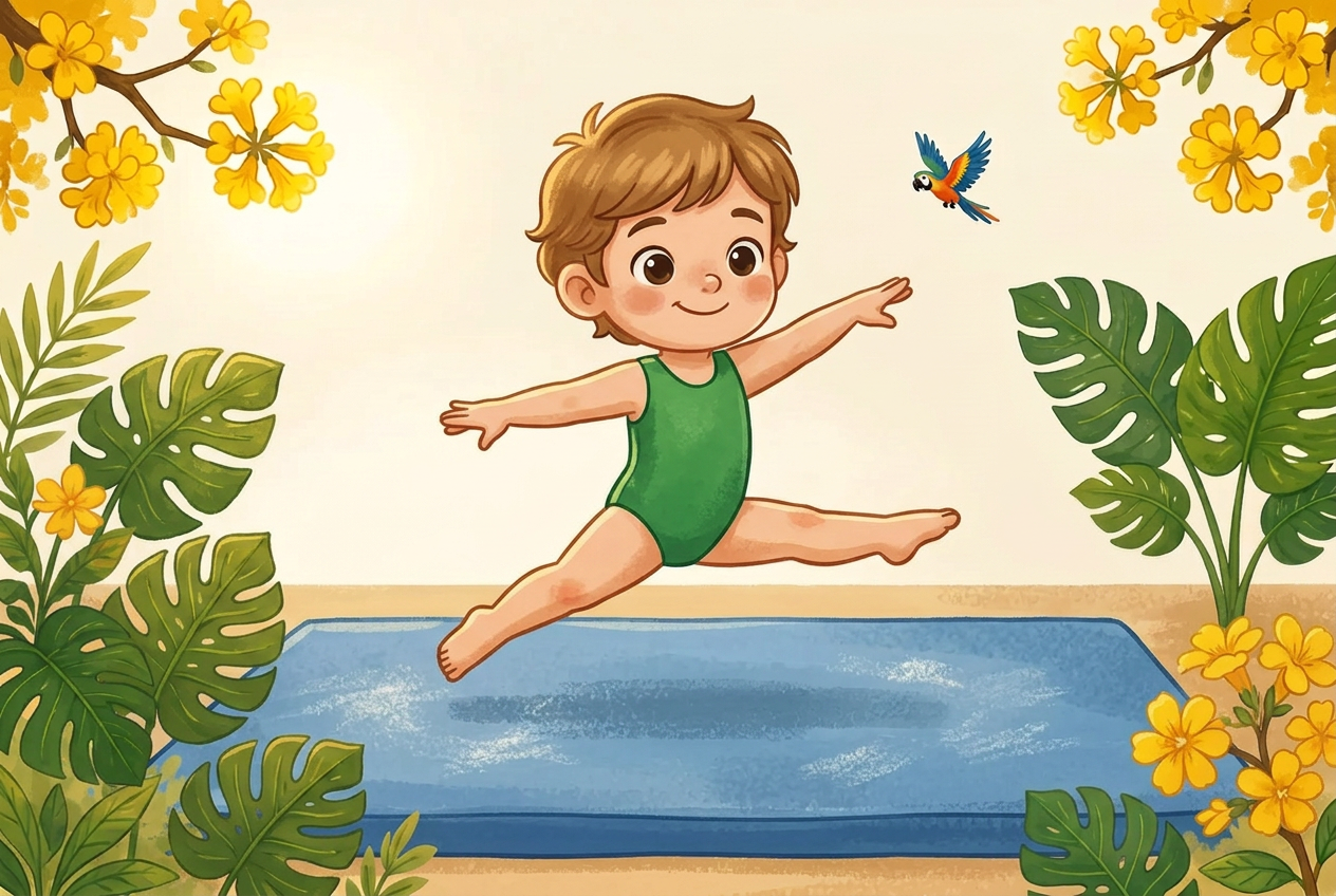 Ilustração educativa de uma pessoa fazendo um salto de ginástica artística, em estilo aquarela de livro infantil.