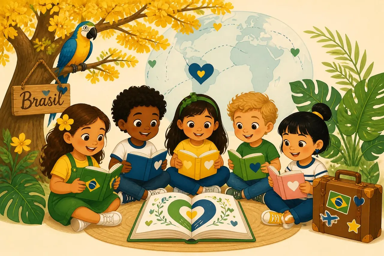 Crianças brasileiras lendo livros com letras coloridas do alfabeto