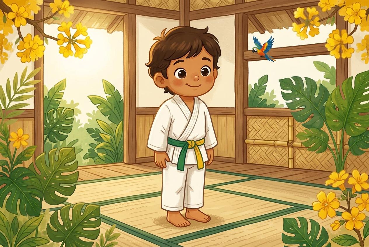 Ilustração educativa de uma pessoa jovem vestindo quimono branco de judô em um dojô acolhedor, em estilo aquarela de livro infantil.