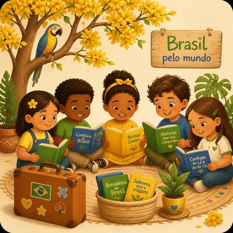 Crianças brasileiras lendo juntas um livro com a bandeira do Brasil, cercadas por pinos e corações