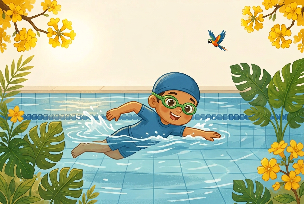Ilustração educativa de uma pessoa nadando em uma piscina azul, usando touca e óculos de natação, em estilo aquarela de livro infantil.