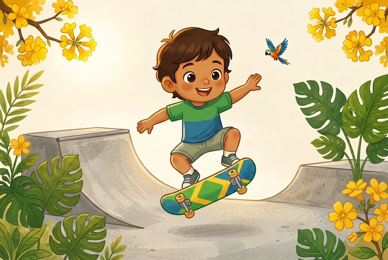 Ilustração educativa de uma pessoa jovem andando de skate em uma rampa, com capacete e joelheiras, em estilo aquarela de livro infantil.
