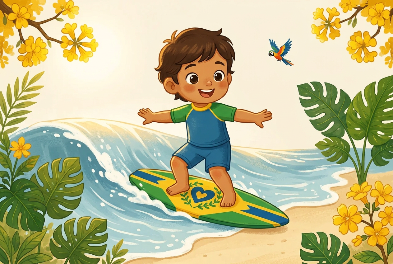 Ilustração educativa de uma pessoa surfando em uma onda azul, em estilo aquarela de livro infantil.