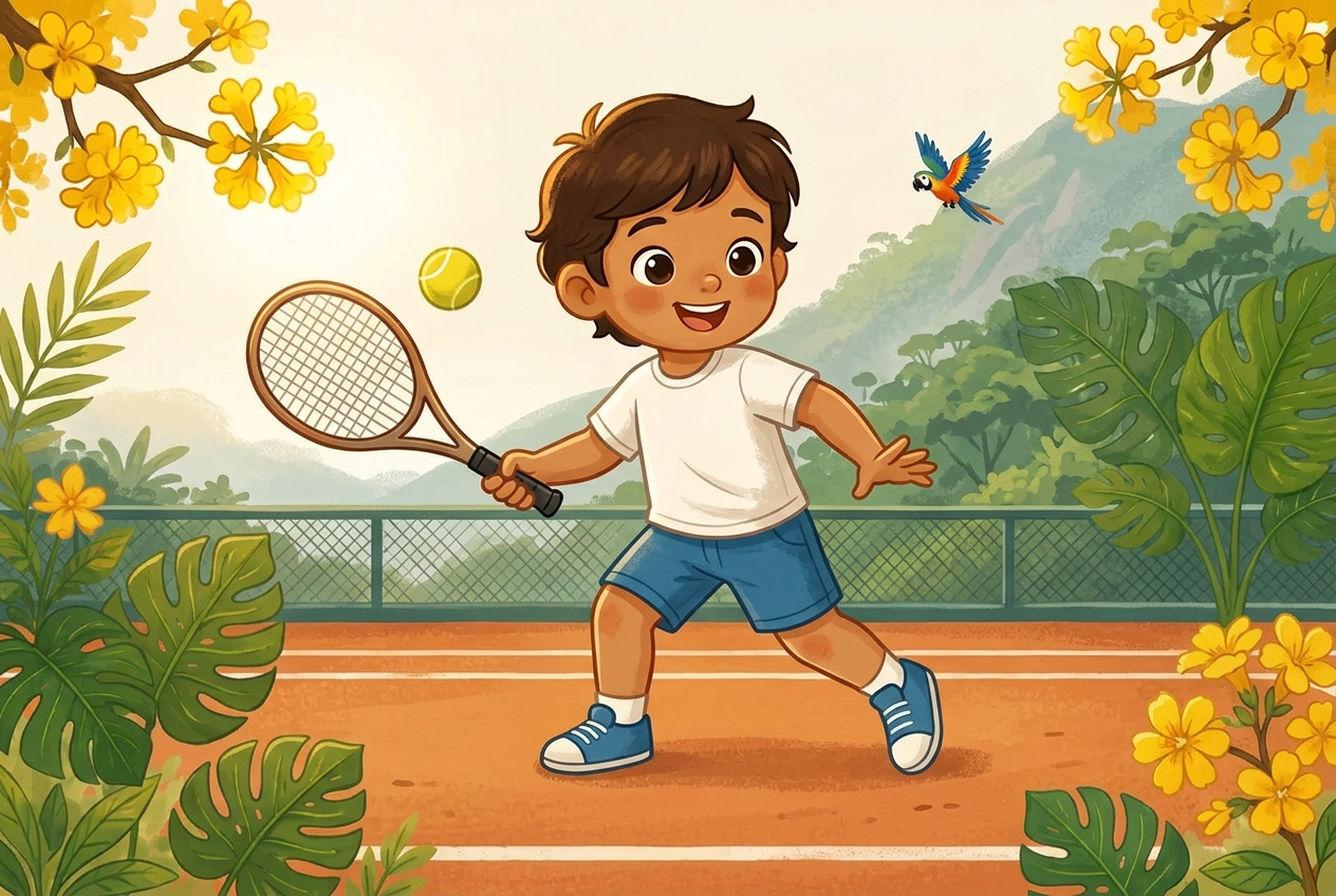Ilustração educativa de uma pessoa jogando tênis em uma quadra azul, segurando a raquete para rebater a bolinha amarela, em estilo aquarela de livro infantil.