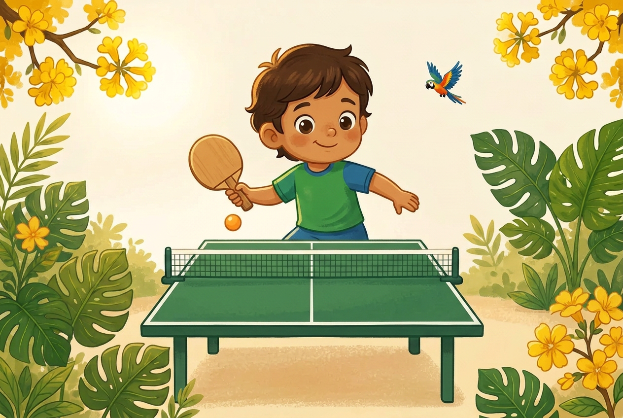 Ilustração educativa de uma pessoa jogando tênis de mesa, rebatendo a bolinha branca sobre uma mesa azul, em estilo aquarela de livro infantil.