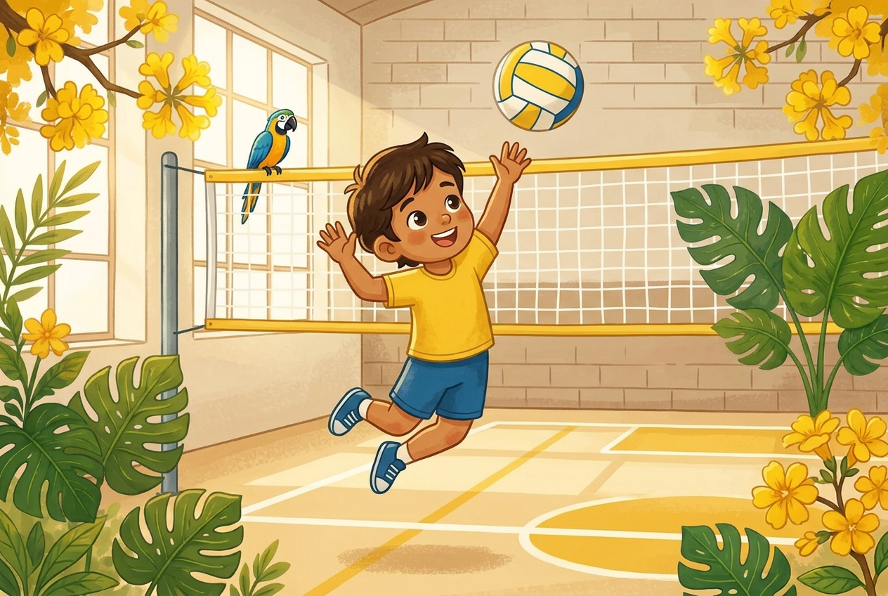 Ilustração educativa de uma pessoa jovem saltando para acertar uma bola de vôlei sobre a rede, em ginásio acolhedor, em estilo aquarela de livro infantil.